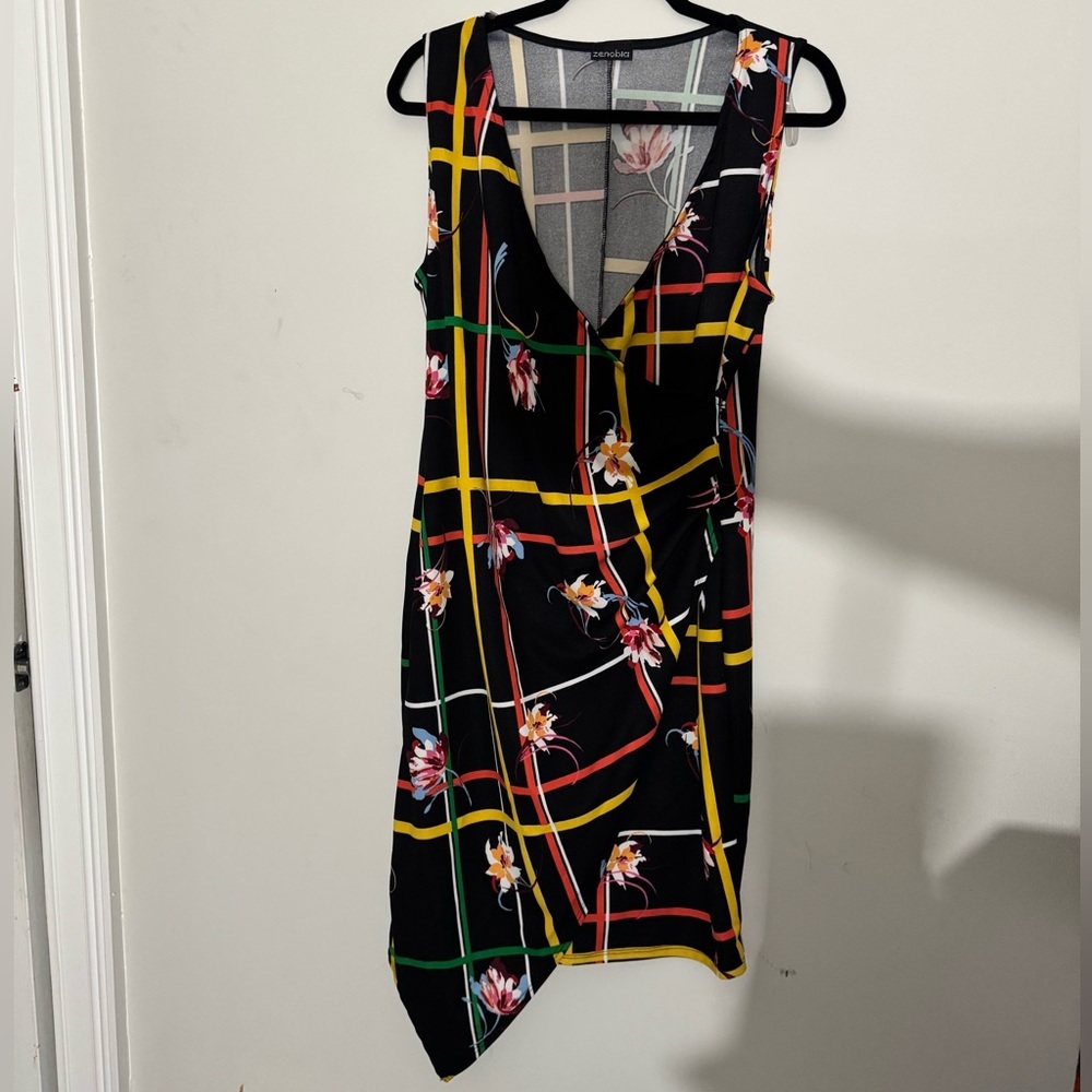 Zenobia Gold and Black Asymmetrical V-Neck Sundress Cocktail